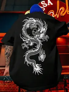 Men's Casual Sporty Short Sleeve Shirt, Dragon & Dragon Ball Print, Comfortable Round Neck T-Shirt for Outdoor Gym Streetwear, Activewear Tee