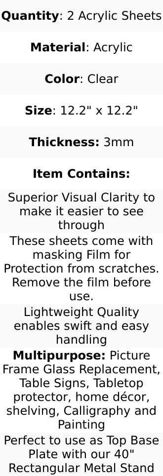 2-Pack Clear Acrylic Plexiglass Sheets 3mm Thick Top Plates 12" Square - Protective Film Coating