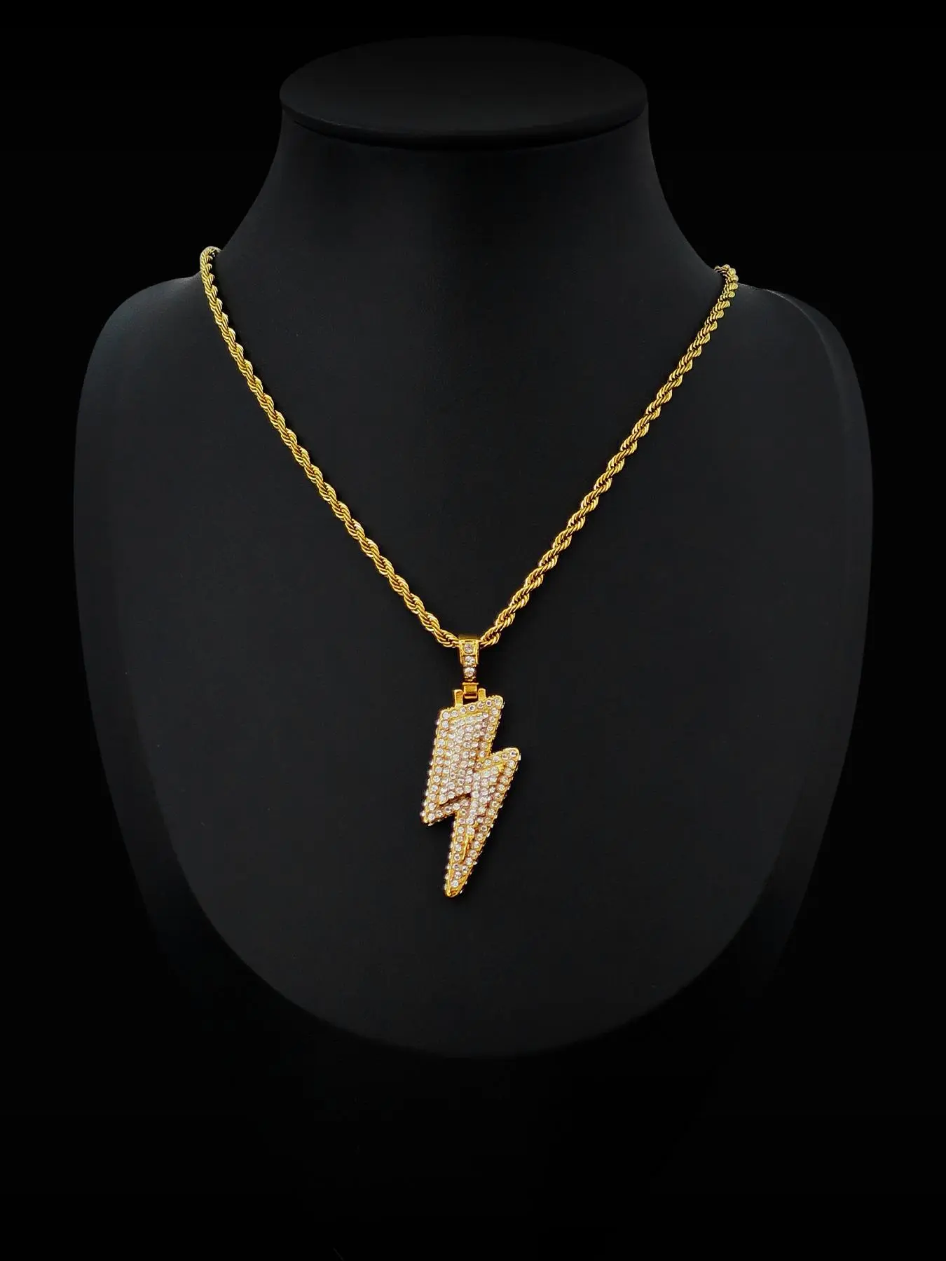 Lightning Pendant Necklace Cuban Rope Chain for Women & Men, Rhinestone Decor Hip Hop Jewelry for Party, Daily Clothing Decor, Trendy All-match & Exquisite Jewelry for Birthday Gift, Rhinestone Decorated Necklace