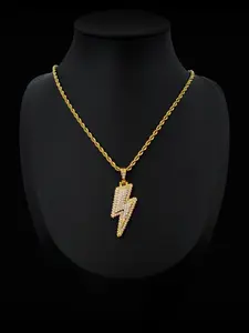 Lightning Pendant Necklace Cuban Rope Chain for Women & Men, Rhinestone Decor Hip Hop Jewelry for Party, Daily Clothing Decor, Trendy All-match & Exquisite Jewelry for Birthday Gift, Rhinestone Decorated Necklace