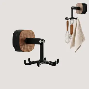 360° Rotating No Drill Wall Hooks, Wall Mounted Rotating Hooks with Suction Cup, 6 Hooks Kitchen Utensil Hanger, Adhesive Under Cabinet Hooks for Utensils Towels Bags,, Space Saving Kitchen Storage Rack