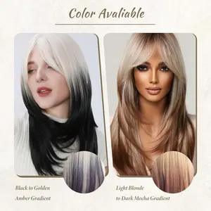 Chic Long Straight Wig - Smooth Gradient Layers with Silky Texture Fashion Forward & Adaptable Synthetic Hair 55cm Length Black to Golden Amber Gradient for Daily Wear