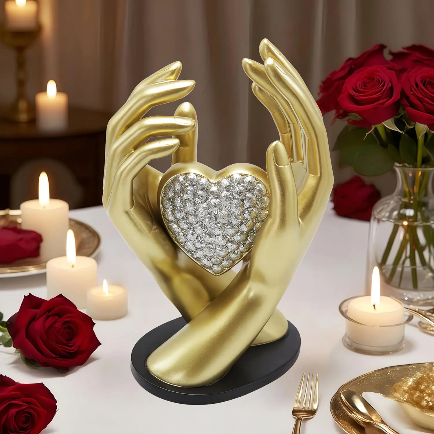 Luxury Gold Minimalist Metallic Shiny Resin Heart Hands Sculpture - 6.3" x 4.7" x 9.1" Compact Jewelry Holder, Window Home Decor Statue, Love Symbols Wedding Valentines Day Women's Gift, Anniversary Gift