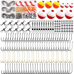 Fishing Hooks Bobbers Tackle Kit, 200 count Basic Fishing Gear Box Included Octopus Circle Baitholder Hooks Float Bobbers Weights Swivel Snaps Starter Set for Freshwater
