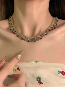 Bohemian Multi-Layer Rice Bead Necklace, Blue Block Design, Unique Ethnic Style, Festival Vacation Accessory