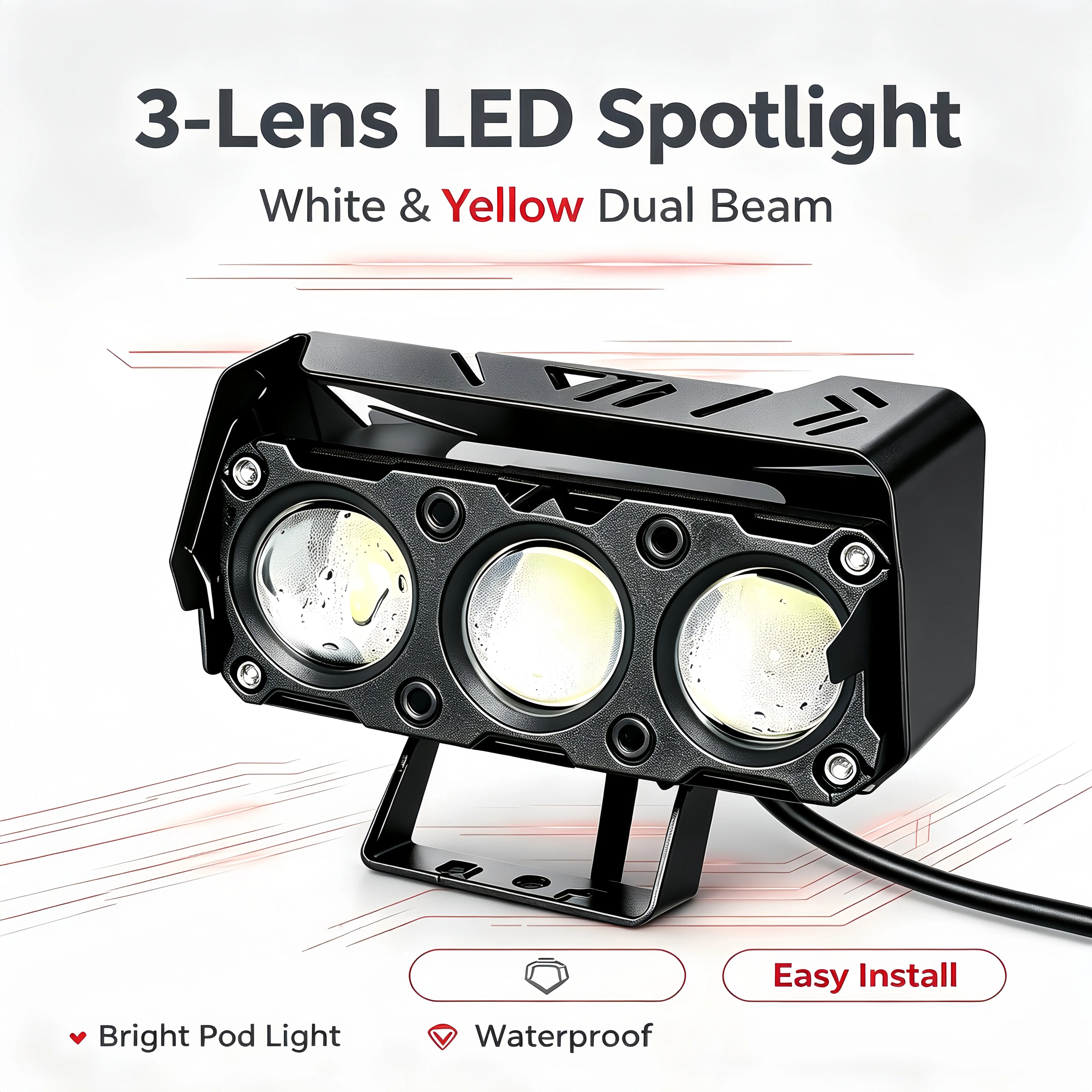 3-Lens Dual-Color LED Pod Lights, 12-80V IP67 Waterproof Spotlights with Aluminum Alloy Housing, High-Beam White & Low-Beam Yellow, Easy-Install Off-Road Auxiliary Work Lights for Motorcycle, Truck