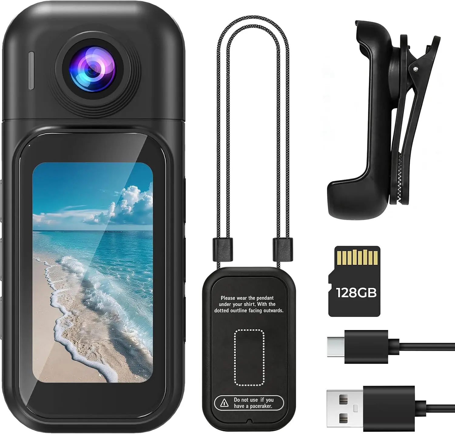 Ultra Portable Pocket Action Camera with LED Screen, Mini Wearable Action Camera with 128GB Built-in Memory, 4K Photo, Touchscreen, 180° Rotating Lens, Thumb Camera for Work Travel Cycling