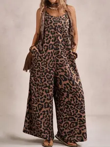 Women's Plus Size Boho Animal Print Strapless Wide Leg Jumpsuit, Spring Summer Casual Elastic Knit One-Piece Pants Sleeveless
