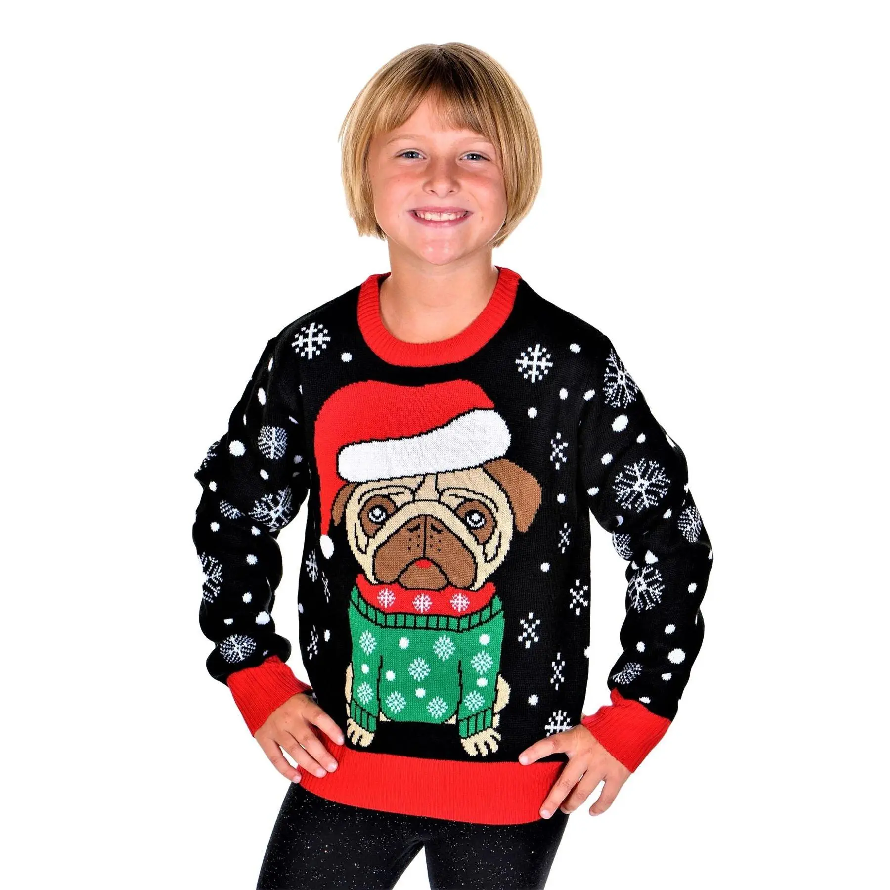 SOCAL LOOK Kids Ugly Christmas Sweater, Black Long Sleeve Unisex Children Cute Pug Holiday Xmas Pullover for Boys & Girls