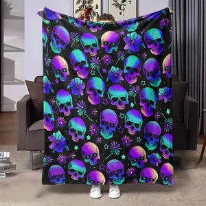 Colorful Skull Pattern Blanket, Floral Print Blanket, Soft Throw Blanket, Air-conditioned Room Blanket, Warm Nap Blanket for Home Office Travel Camping