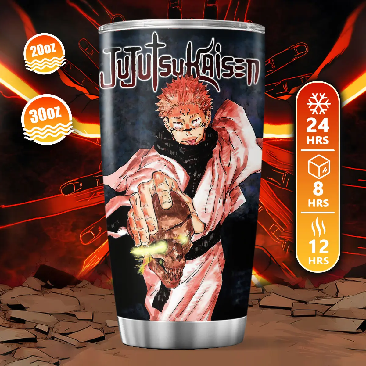 Yuji Cursed Power Tumbler 20-30oz - Intense Anime Water Bottle w/ Straw & Lid - Unique Black Stainless Steel Travel Mug - Jujutsu Kaisen Gift!