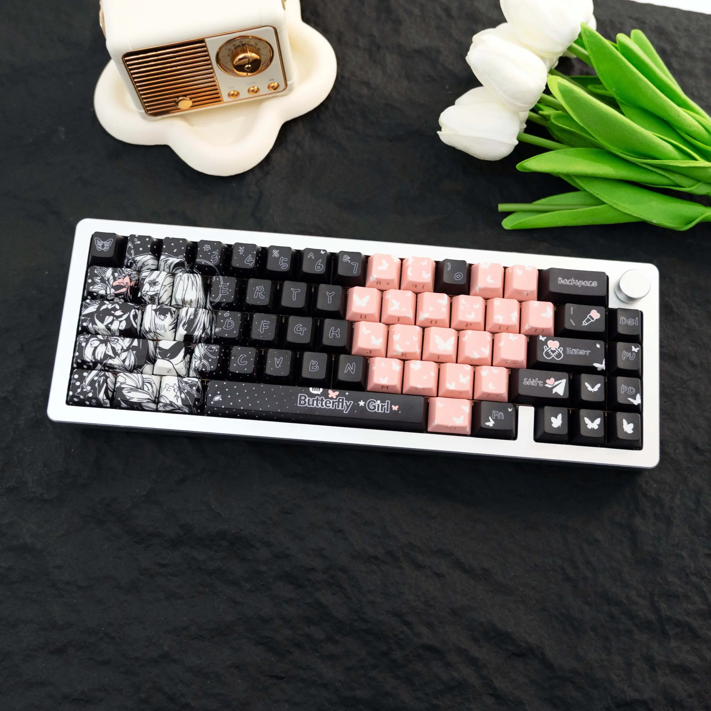 138 Key Butterfly Girl High Transparency Pbt Keycaps, Translucent Keycap Set, Cherry Style Side-Printed, Dye Sublimation, Compatible with Mx Axes, for Keyboard Models 61/64/68/87/96/104/108