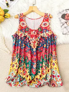 Boho Style Women's Round Neck Sleeveless Floral Printed Pleated Top, Smooth Skin-Friendly Fabric, Spring & Fall Casual Wear, Womenswear