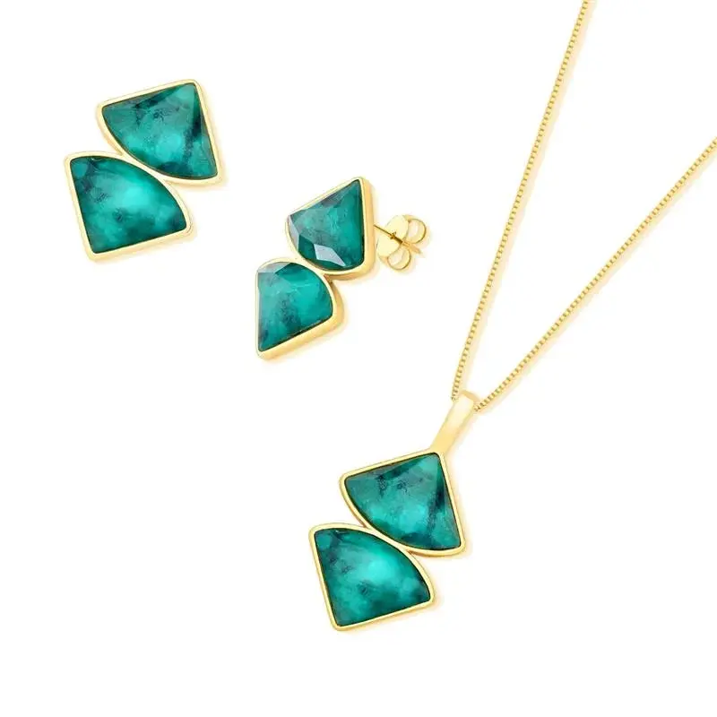 18K gold-plated set of earrings and necklace with emerald gemstones