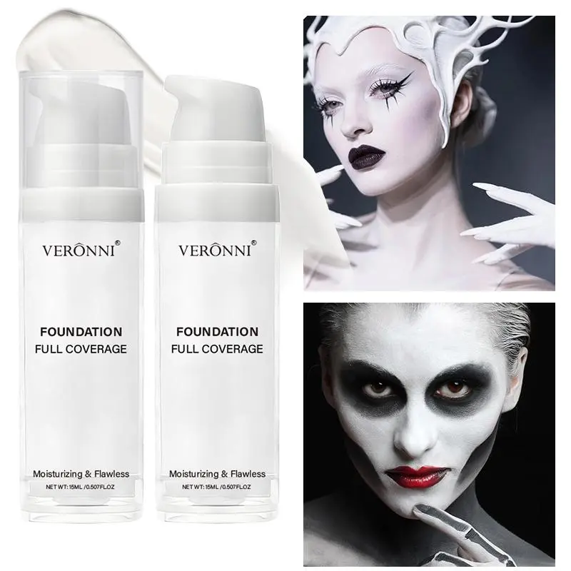 White Foundation 15ml – Halloween Face Paint Full Coverage, Goth White Cream Base for Skull Vampire Cosplay, Matte Finish