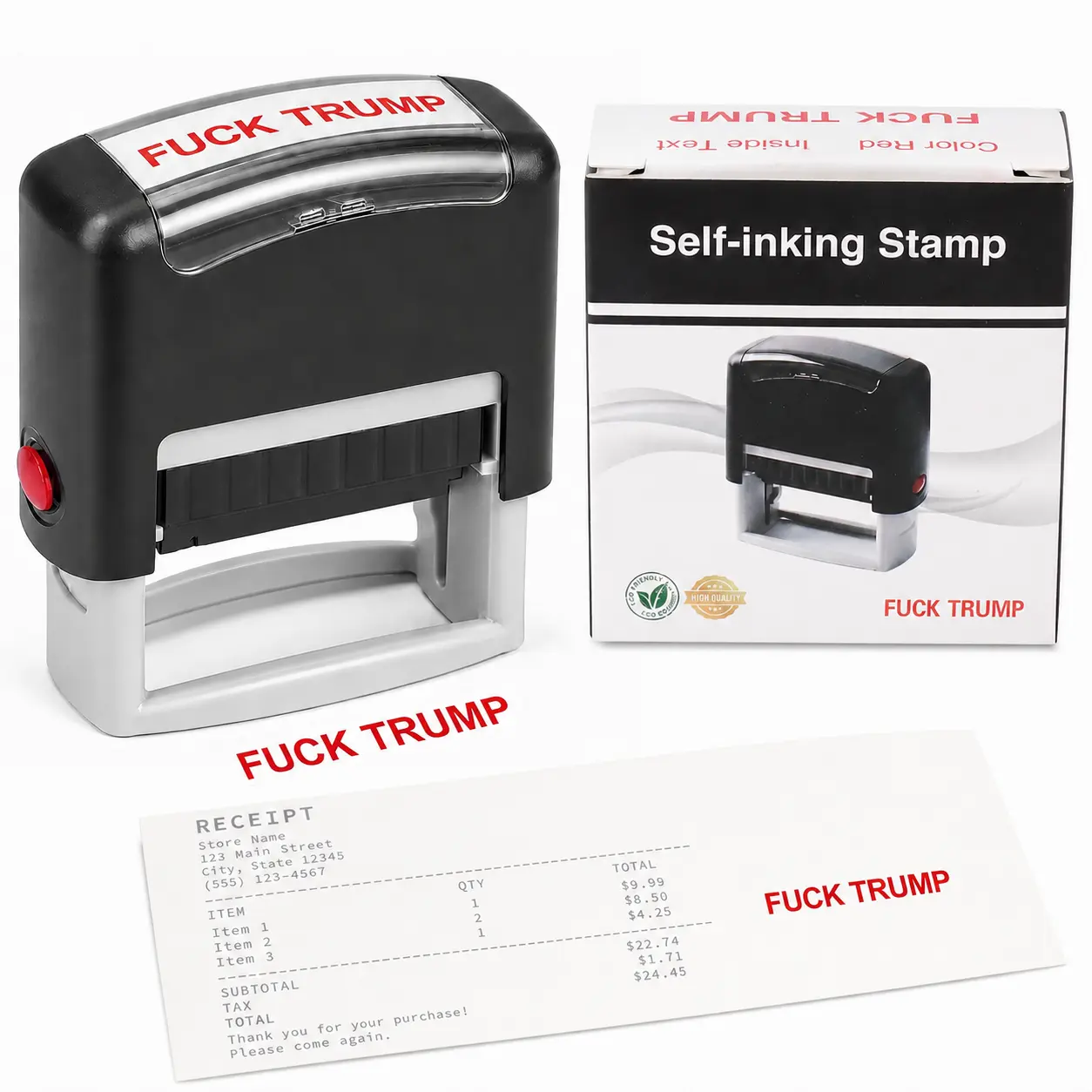 Fuck Trump Stamp - Self Inking Red Ink Stamp for Money, Office Supplies, Election Party Decorations, Novelty Gift, Trump Merchandise, Funny Political Office Supply (1 Pack)