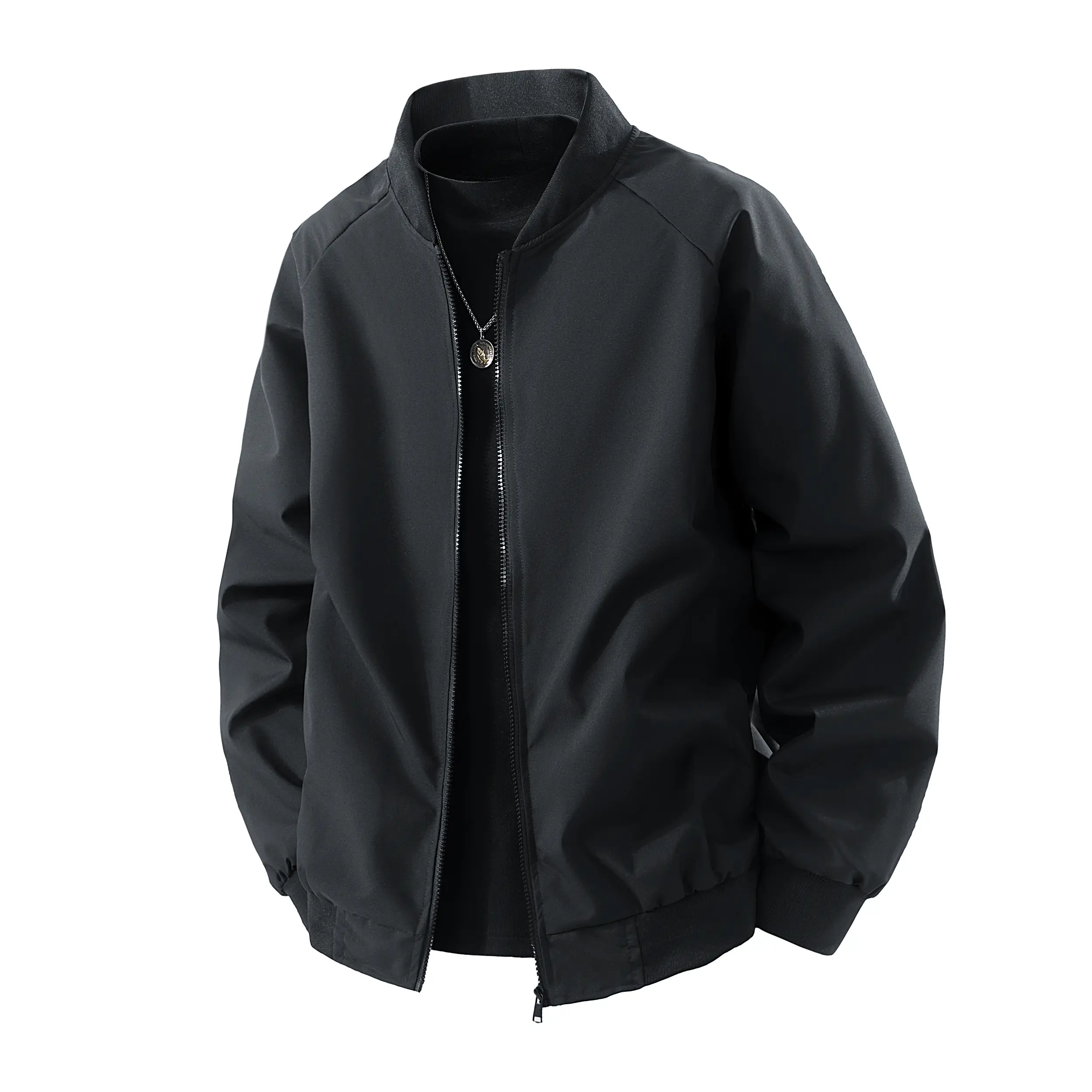 Men's Fitted Flight Jacket - Lightweight Polyester Windbreaker with Baseball Collar, Pull-On, All Seasons, Solid, Fashion Streetwear, Casual Outdoors Tops, Clothes