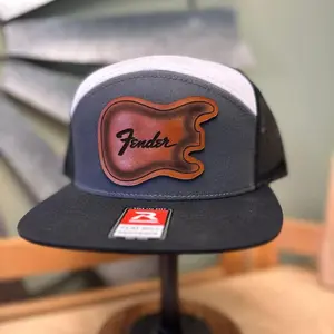 Unique Fender Guitar Leather Patch 7 Panel Hat