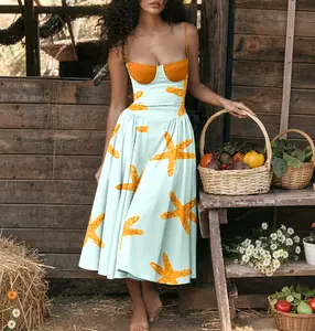 Summer Starfish Print Sling Dress, Summer countryside vibe, Bohemian mix, retro yet lively, simple modern style, ocean-themed spring/summer dresses, vacation style