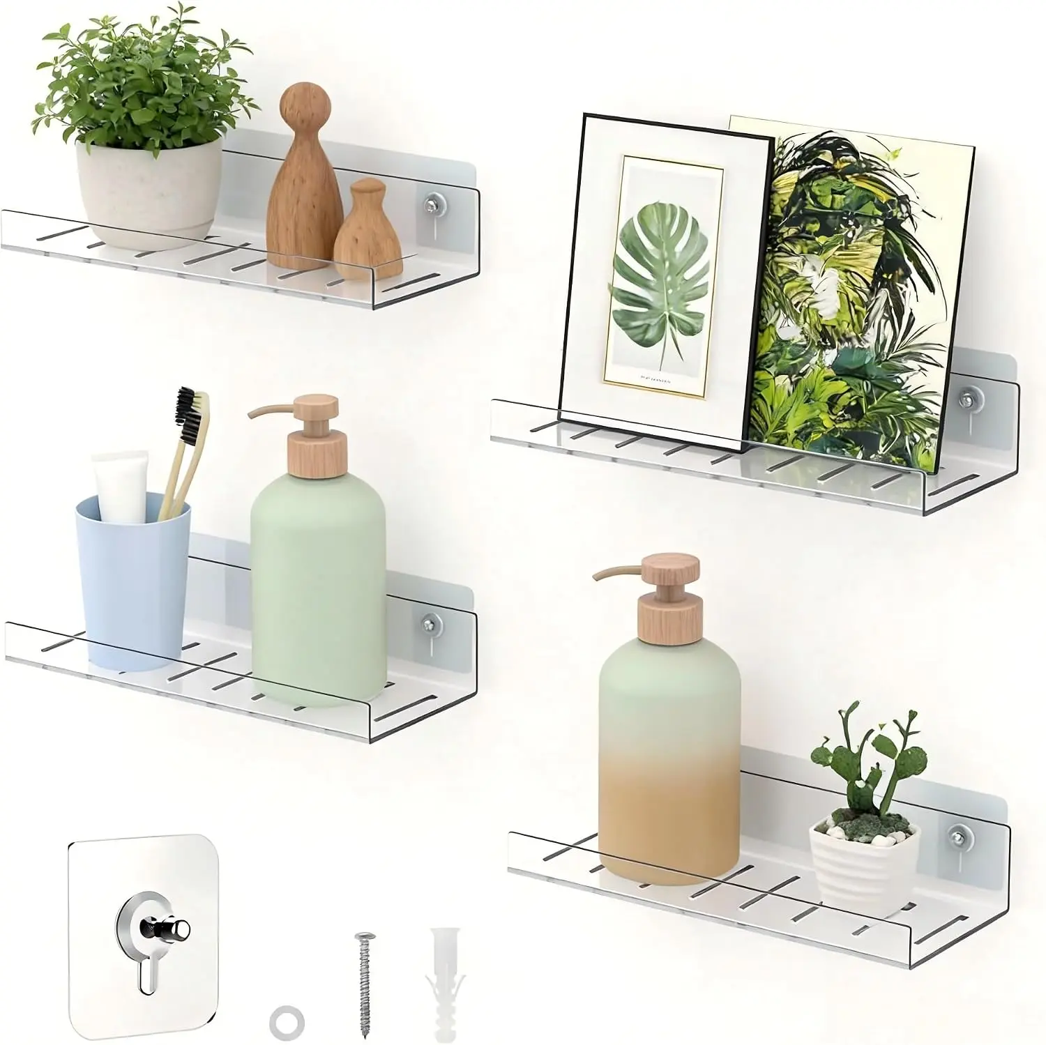 4 Pack Floating Shelves – Clear Acrylic/PET Wall-Mounted No Drill Storage with Adhesive, Invisible Bathroom & Bedroom Shelving for Kitchen, Living Room, Transparent Decor