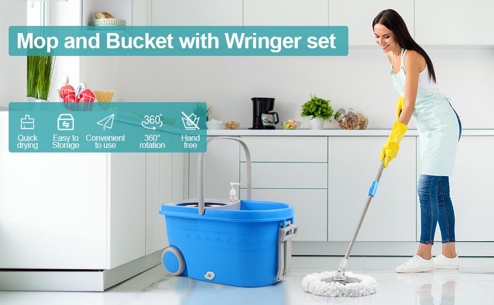 Easywring Microfiber Spin Mop & Bucket Floor Cleaning System with 3 Extra Refills and 61" Stainless Steel Adjustable Handle for Floor Cleaning