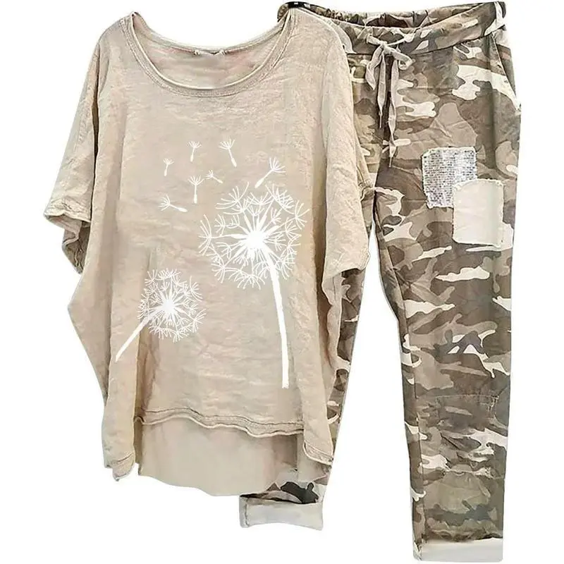 Women's Plus Size 2-Piece Loose-Fitting Cotton Linen Set, 2026 Summer Short Sleeve Crew Neck T-Shirt & Jogger Pants, Travel Lounge Casual Sportswear, 2 Piece Set, Women's Casual 2 Piece Sets