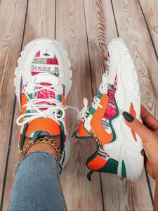 Fashion Colorblock Lace Up Low Top Sneakers, Casual Comfortable Breathable Sports Running Shoes, Female All-match Round Toe Chunky Sneakers for Daily Wear