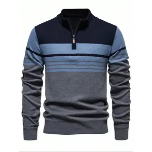Men’s casual long-sleeve pullover sweater with a knit half-zip design, suitable for spring and autumn, made from thin fabric, featuring a fitted top style.