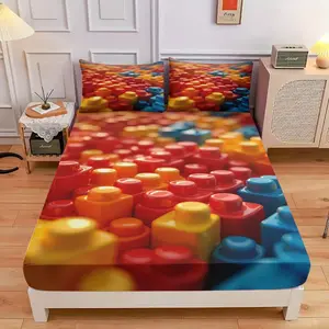 3-Piece Set Of Colorful Building Block Bed Caps, High-Definition Digital Printing, Soft And Breathable, 100% Polyester Fiber, Perfect Gift For All Seasons, Suitable For Family And Friends. Clearance Sale