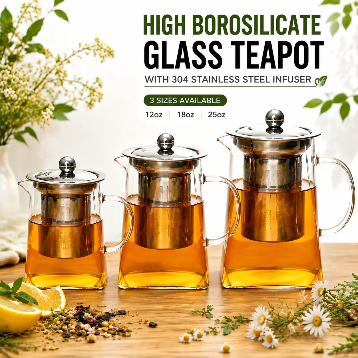 12oz/18oz/25oz Borosilicate Glass Teapot with Infuser, Square Glass Tea Kettle with Stainless Steel Filter, Heat Resistant Tea Maker with Non-Drip Spout & Ergonomic Handle for Home Kitchen