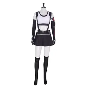 Tifa White Crop Top Black Pleated Skirt Cosplay Costume Set Gloves Suspenders Arm Guards Belt Socks for Comic Con