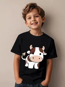 Cute Cow Print Kids T-Shirt Boys & Girls - Soft Short Sleeve Round Neck Tee with Adorable Cow Pattern, Short Horns & Tail Design, All-Season Casual Wear for Birthday Party Outfits, Daily Play (Machine Washable) - & Children's Clothing