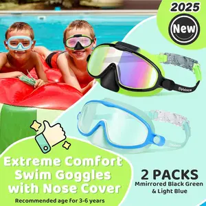 2 Pcs-Swim-Goggles with Nose Cover, Swimming Diving Mask Wide View Anti Fog UV Anti Shattered Lens 3-6