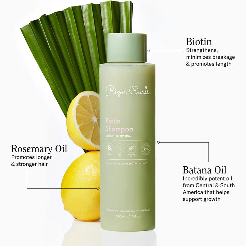 Rizos Curls Biotin Shampoo - Nourishing Cleanser with Biotin & Batana Oil for Frizz-Free Stronger Hair Vegan Cruelty-Free Oat Protein Rosemary Lengthening Volumizing Hydrate Conditioner