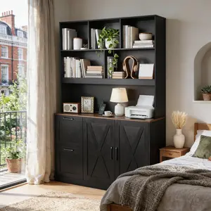 72'' Tall Bookshelf with Power Outlet, 2 Drawer File Cabinet for A4 Hanging Files, 3-Tier Open Shelves & Closed Storage Cabinets, Multifunctional Printer Stand for Bedroom, Living Room, Office