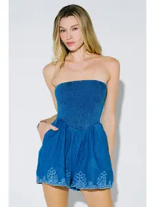 Denim Embroidery Smocked Tube Romper