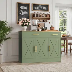 Walsunny Green Farmhouse Sideboard Buffet Cabinet with Storage with 3 Doors & 2 Drawers, Barn Doors Entryway Buffet Cabinet with Storage, Adjustable Metal Kitchen Cabinet,White