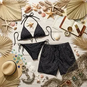 [Hot Summer 2026] - Leopard Print Couple Set – Black Bikini & Matching Swim Shorts Perfect Beach Party Wear, Trendy Summer Vacation Outfits