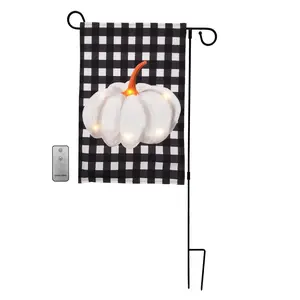 LumaBase Harvest Lighted Outdoor Banner with Garden Flag Stand - Plaid Pattern Pumpkin Design, Battery-Operated LED Lights, Remote Control, Weather-Resistant, 12" W x 18" L