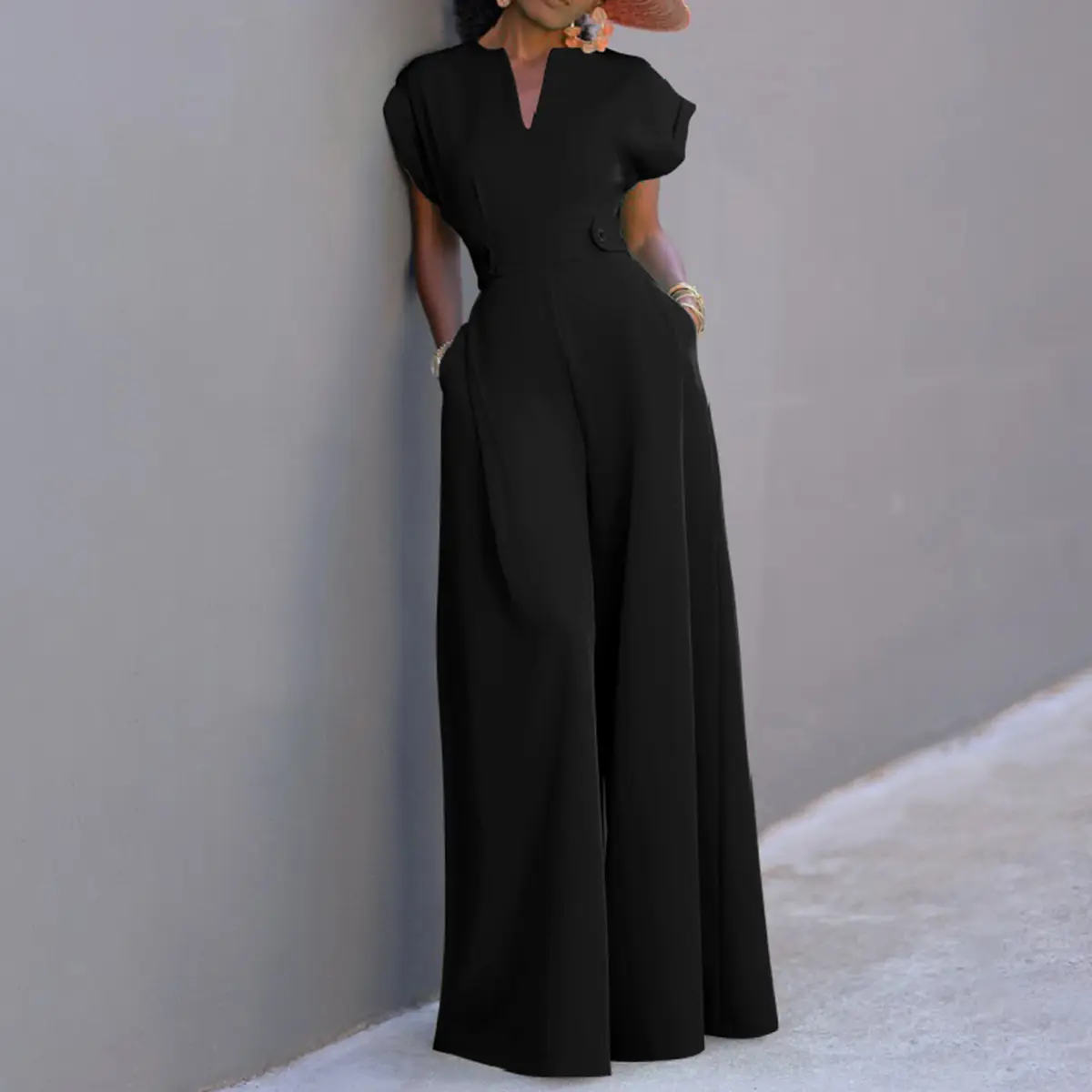 Women's Black V Neck Button Down Wide Leg Jumpsuits Casual Polyester Modest Modern Overalls