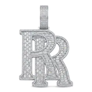 ⑦⑥Space ice Iced-Out Double R Letter Pendant Necklace | Solid metal Base with Cubic Zirconia | Baguette & Round Cut Hip Hop Bling Jewelry for Men Women