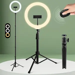 10-Inch Adjustable Selfie Ring Light with LED Tri-Color Lighting & Remote, Video Light with 1.2-1.6m Tripod Stand, Vlogging Kit for Instagram Reels and makeup application#Easter Gift