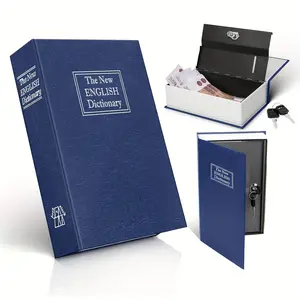 Fake Book Storage Box with Key Lock, Blue Metal Hidden Container for Cash Coins Jewelry, Dictionary Style Secret Organizer with 2 Keys, Discreet Shelf Keeper