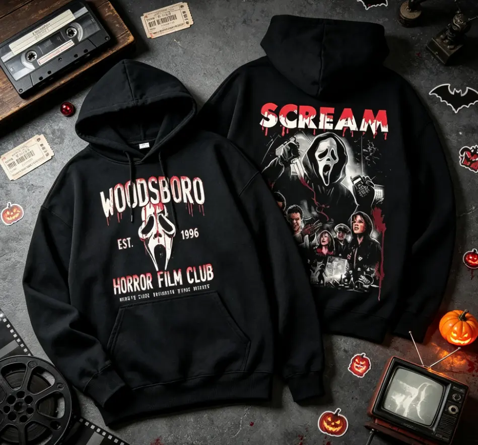 Men's 2-Sided Fitted Ribbed Cotton Knit Graphic Hoodie - Casual Woodsboro Horror Film Club Top, Ghostface Scream Halloween Throws