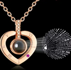 Heart Clock Necklace with Pink Rhinestone - 100 Languages Express Love fake chains