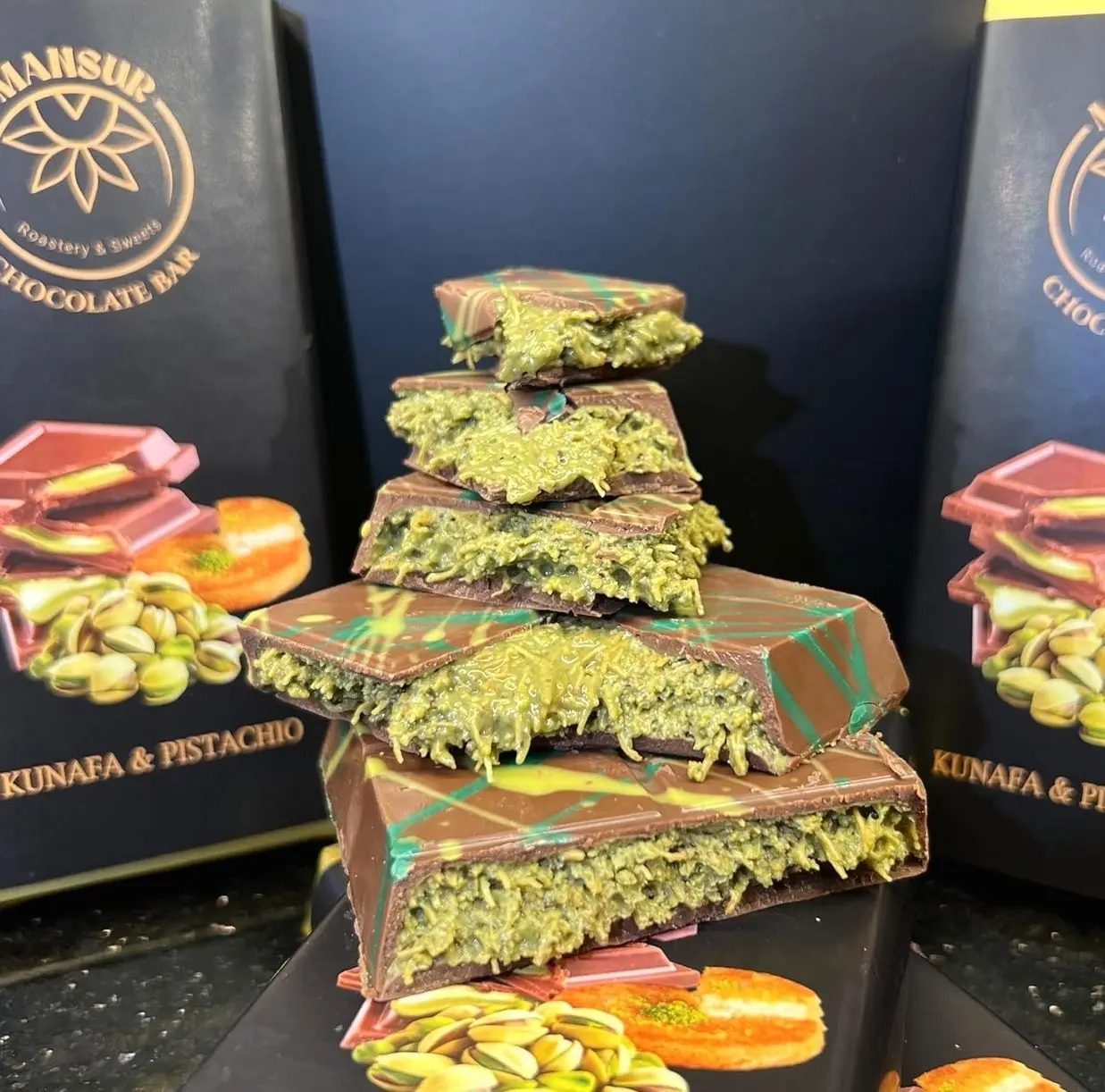 Viral DUBAI Chocolate | Large Size 6.7 oz (190g), Milk Chocolate Bar, Pistachio Knafeh Flavor by MANSUR Est. 1891 | Ideal for Christmas, Birthdays, Easter, Anniversaries, Thanksgiving & Special Treats