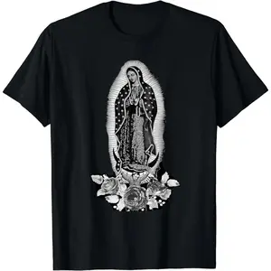 Women's Cotton Soft Short-Sleeve Casual Streetwear Crop Top - Black T-Shirt with Classic Our Lady of Guadalupe Artwork and Floral Details