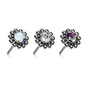 20G/18G/16G Bezel Flower Threadless Flat Back Studs • Push Pin Labret • Flat Back Earring • Tragus Stud • Flat Back Nose Stud • Helix Stud • Cartilage Stud • Threadless Nose Stud • Cubic Zirconia Stud • Implant Grade Titanium • Silver Flat Black Stud