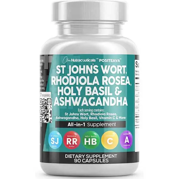 Clean Nutra Positeava - St John's Wort Rhodiola Rosea Holy Basil & Ashwagandha Supplement with Vitamin C - Mood Support for Women & Men - 90 Capsules