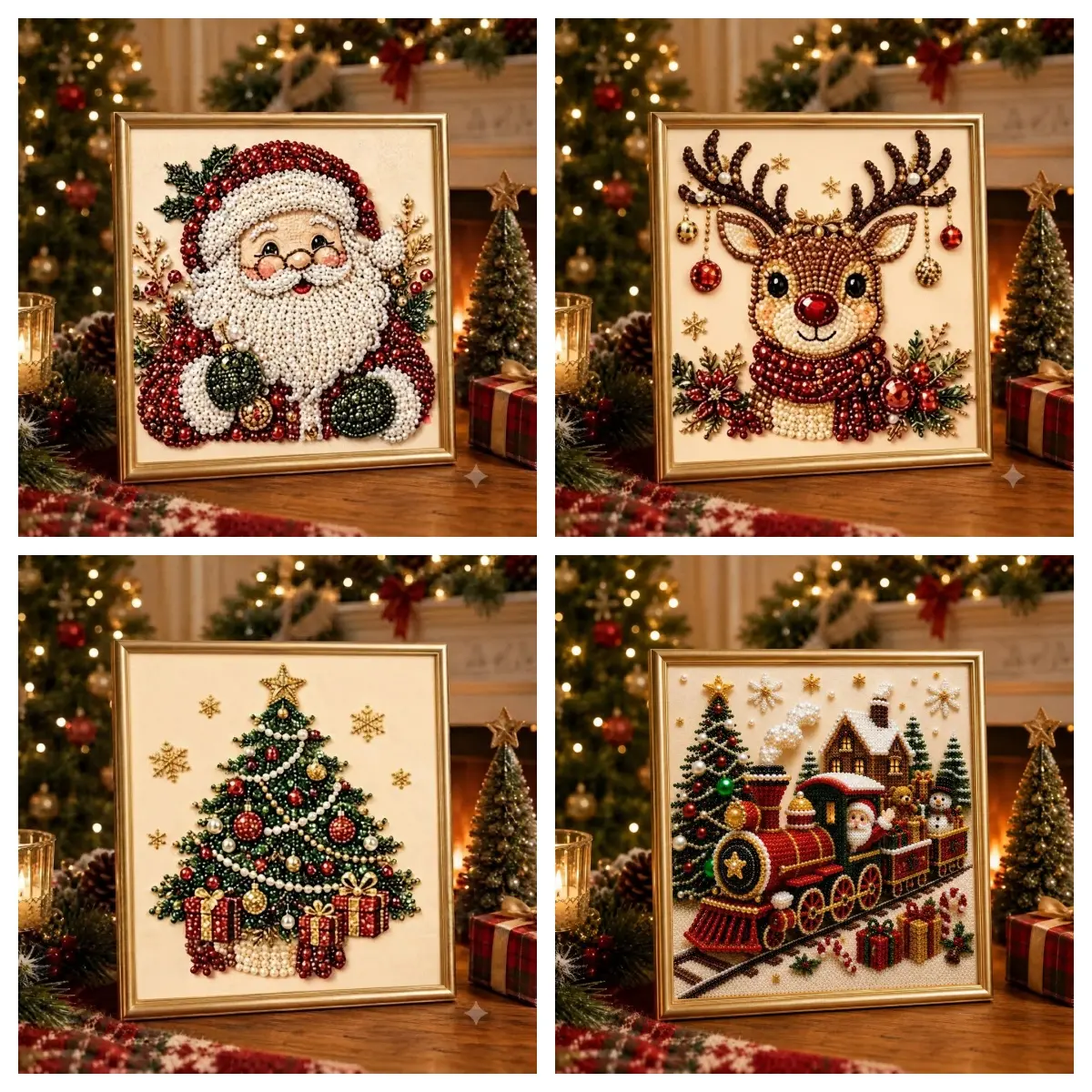 DIY Christmas Diamond Painting Art Kit with Frame, Christmas Pearl Beads Art Craft for Adults Beginner, Gemstone Diamond Dots Beads for Home Wall Decor, Cute Magic for Gifts
